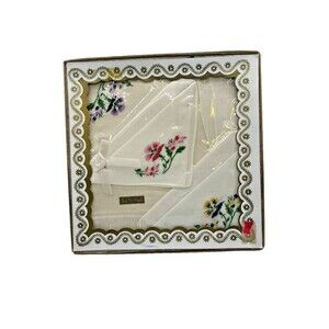 3 Vtg Ladies Handkerchiefs NIB Embroidered Floral Designs Boxed Hanky NIB